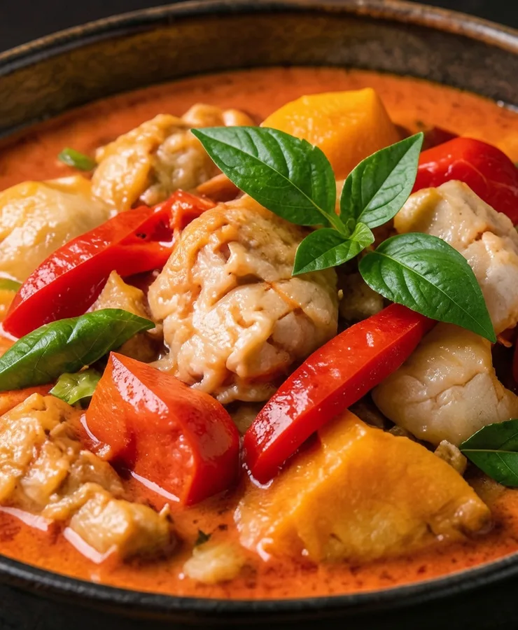 A bowl of red curry with chicken, bell pepper and Thai basil