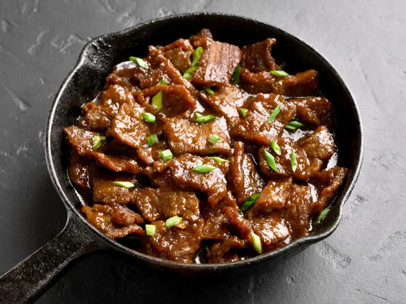 Mongolian beef in a skillet
